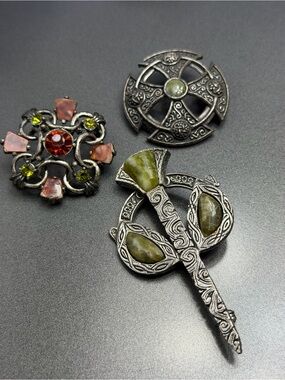 Antique-Style Celtic Brooches with Green Stone Accents 23cel